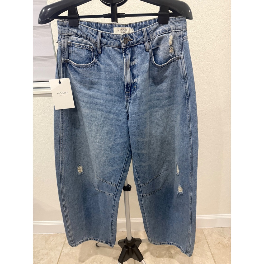 Hidden Jeans Los Angeles Distressed Barrel Leg High Rise Jeans Blue 27 NEW
